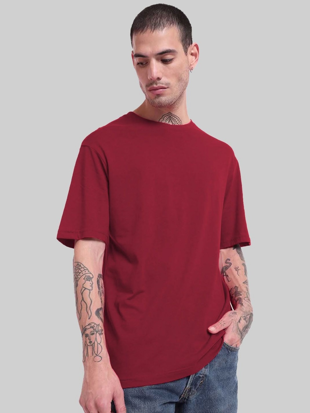 

Leotude Men Solid Round Neck Cotton Oversized T-shirt, Maroon