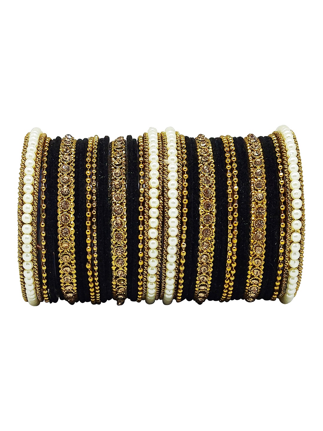 

CHRISHAN Set Of 32 Stone-Studded & Beaded Bangle, Gold