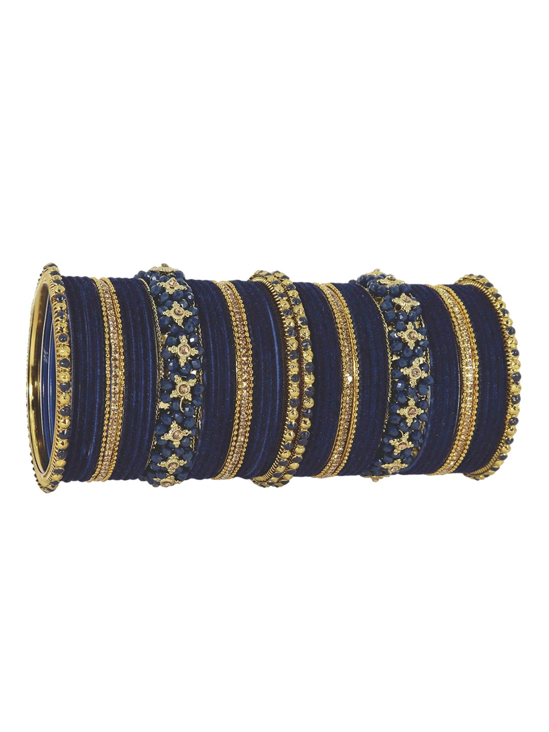 

ZULKA Set of 50 Ball Chain Linked Zircon Stones Studded and Pearls Beads Velvet Bangles, Blue