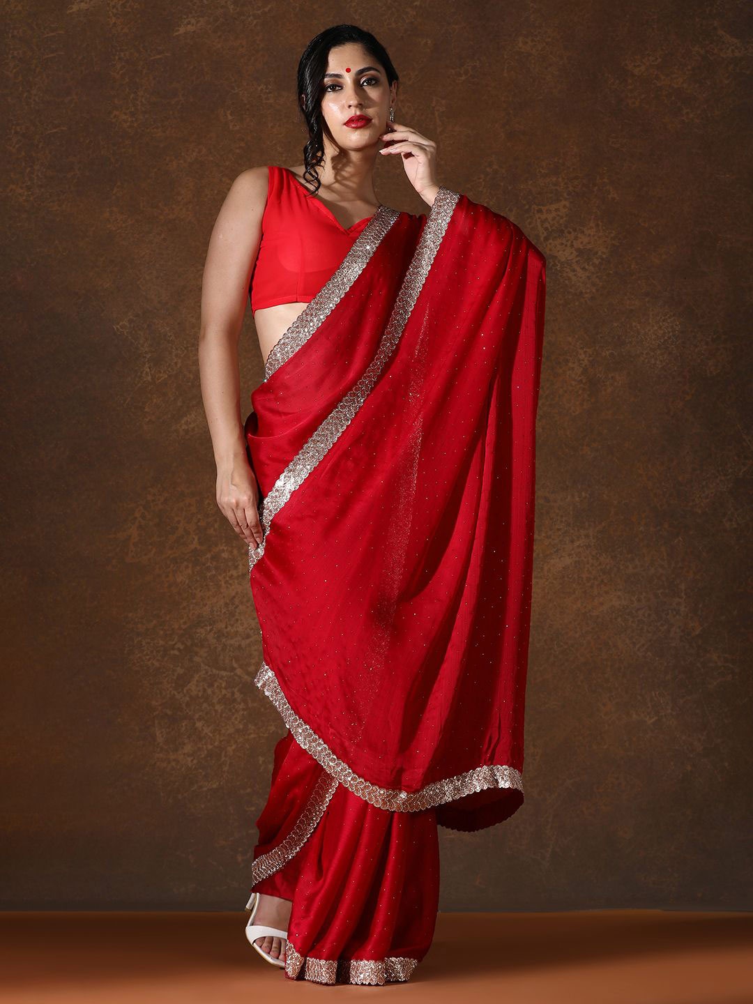 

Kalista Embellished Beads and Stones Pure Chiffon Saree, Red