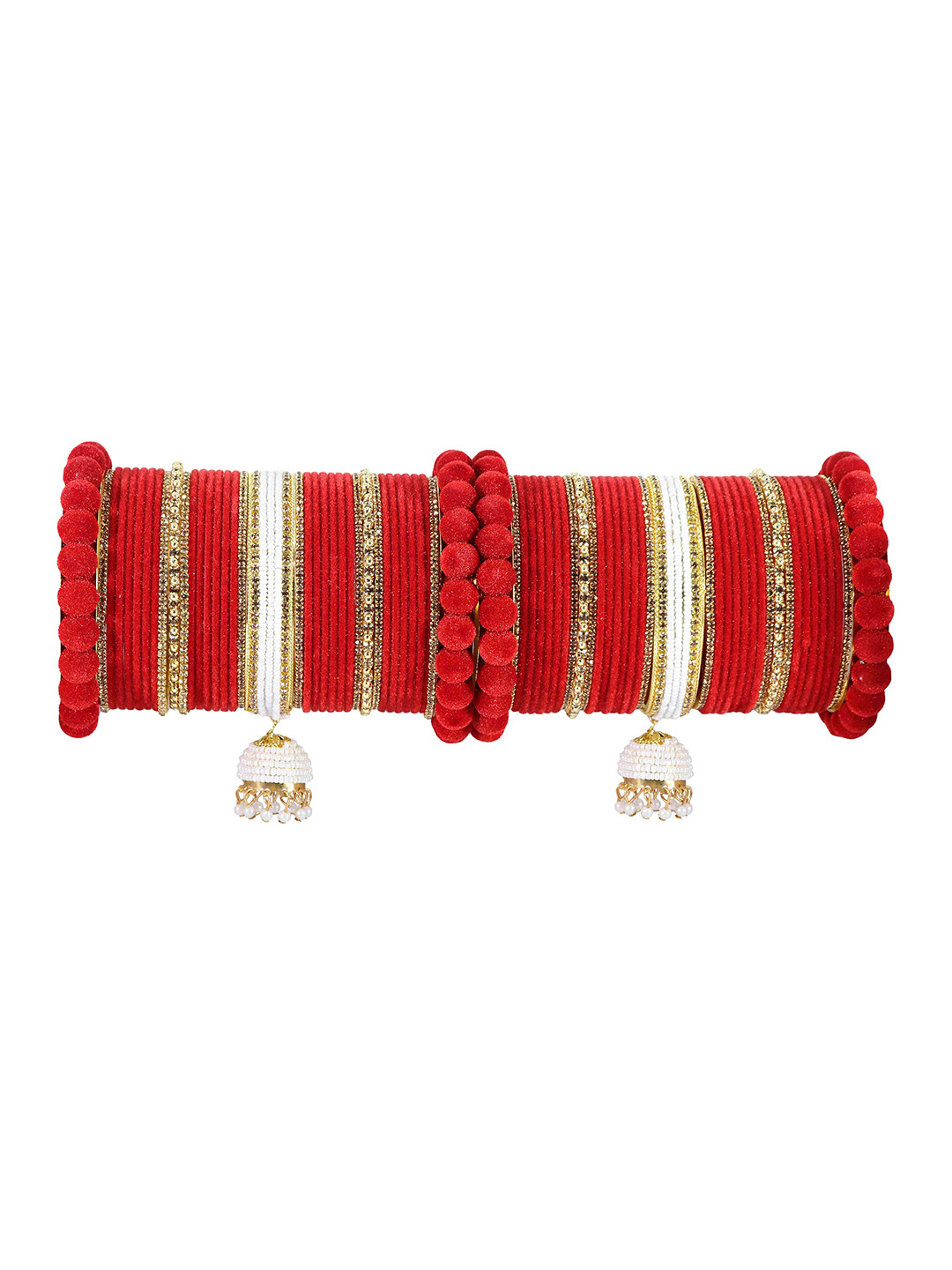

ZULKA Set of 74 Designer Metal White Stone & Pearls Moti Velvet Latkan Bridal Chuda, Multi