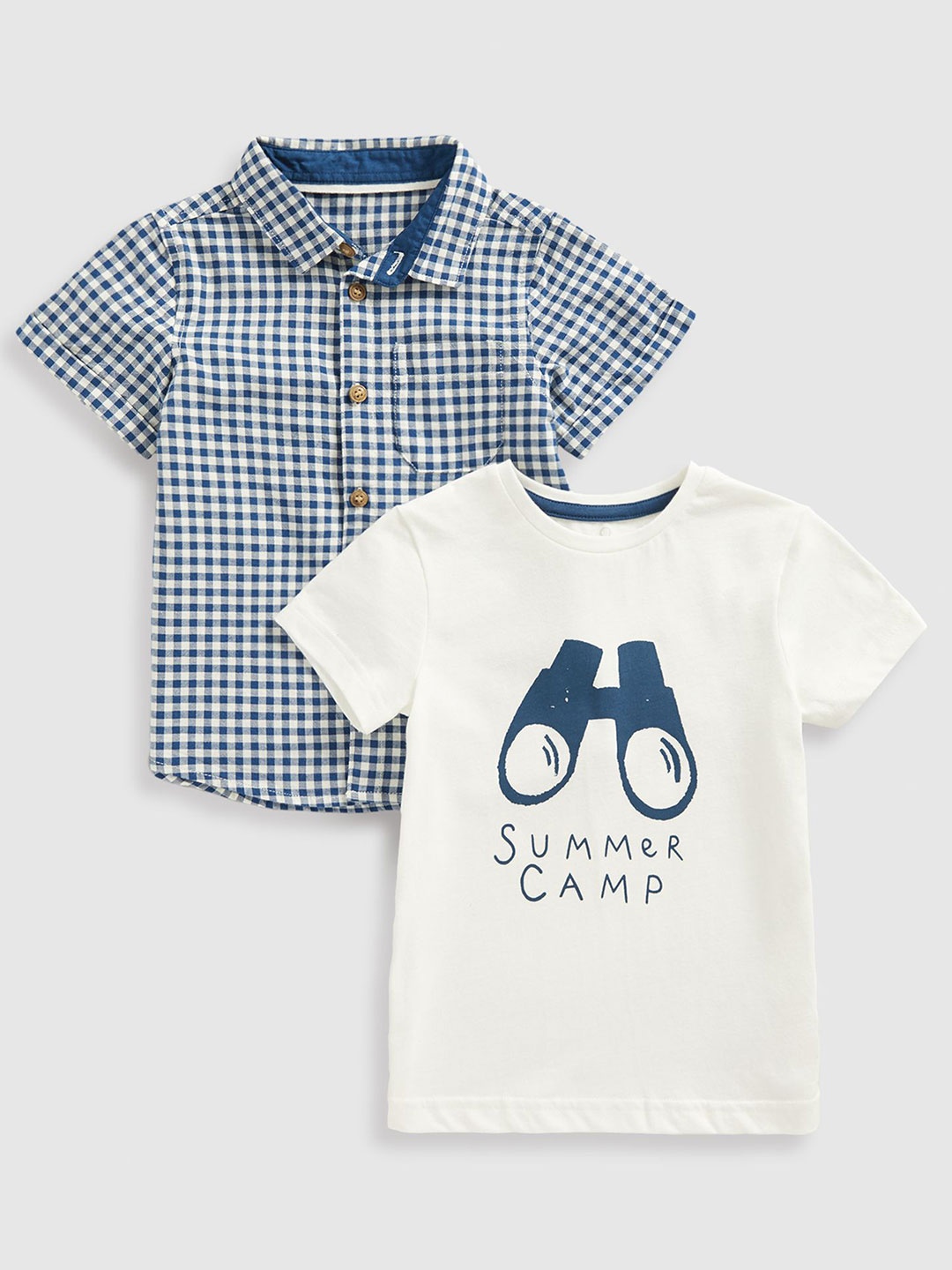 

mothercare Boys Classic Checked Opaque Pure Cotton Casual Shirt Comes With T-shirt, White