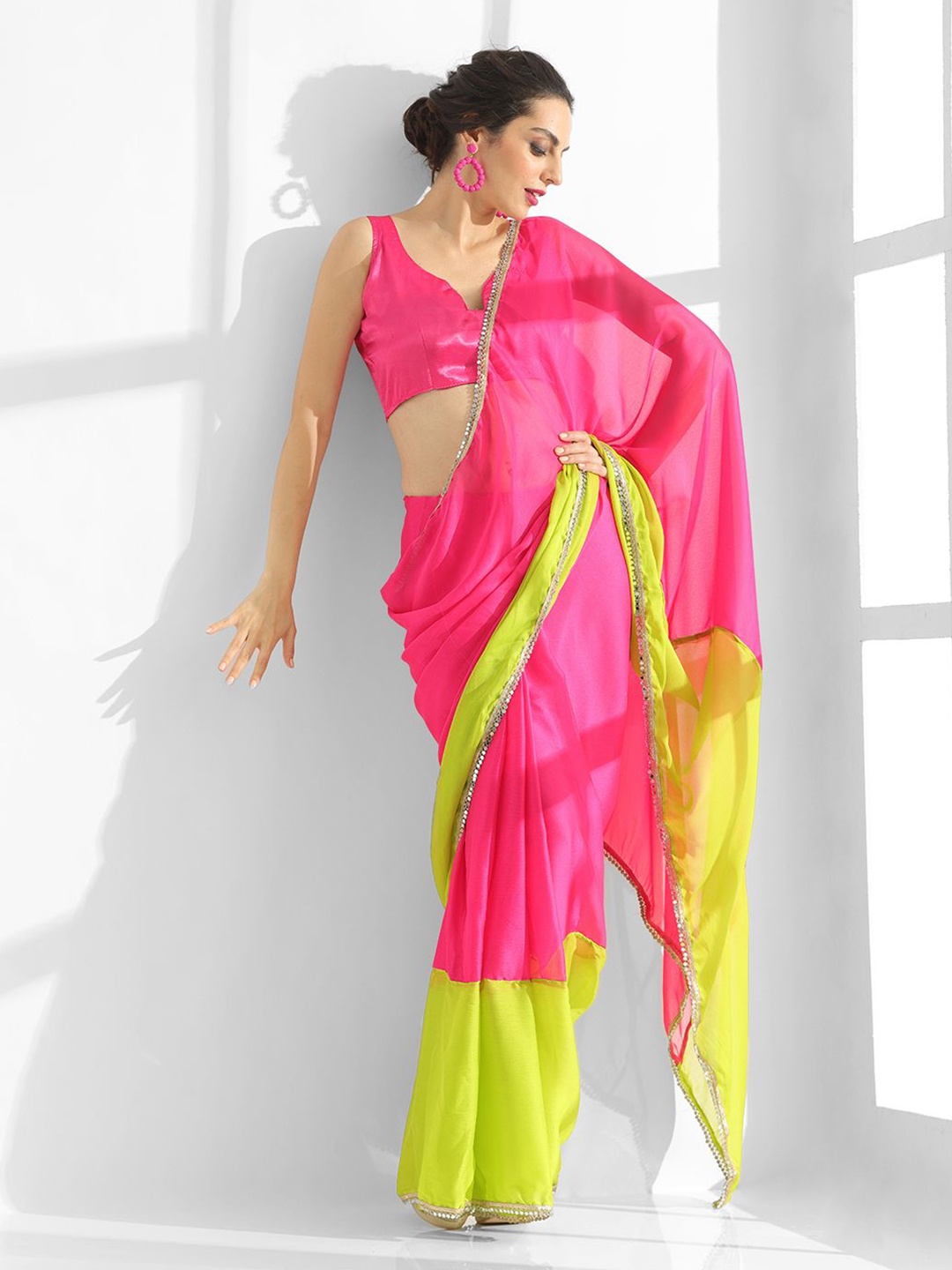 

Mitera Colourblocked Mirror Work Pure Chiffon Saree, Pink