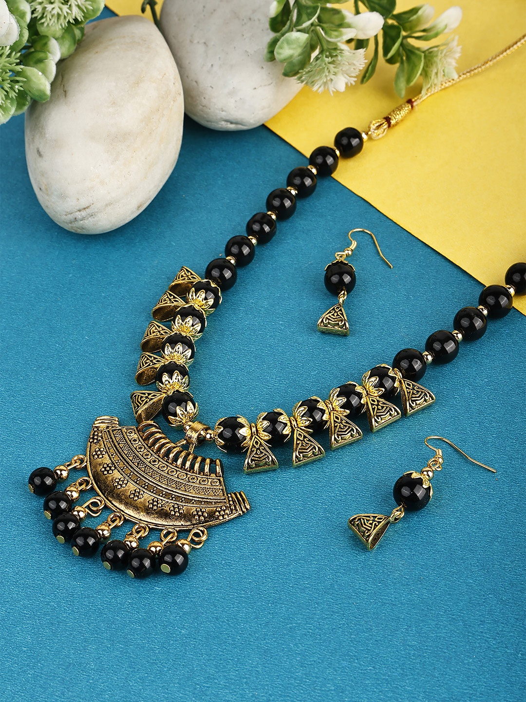 

SUNHARI Beaded Half Moon Oxidised Jewellery Set, Black