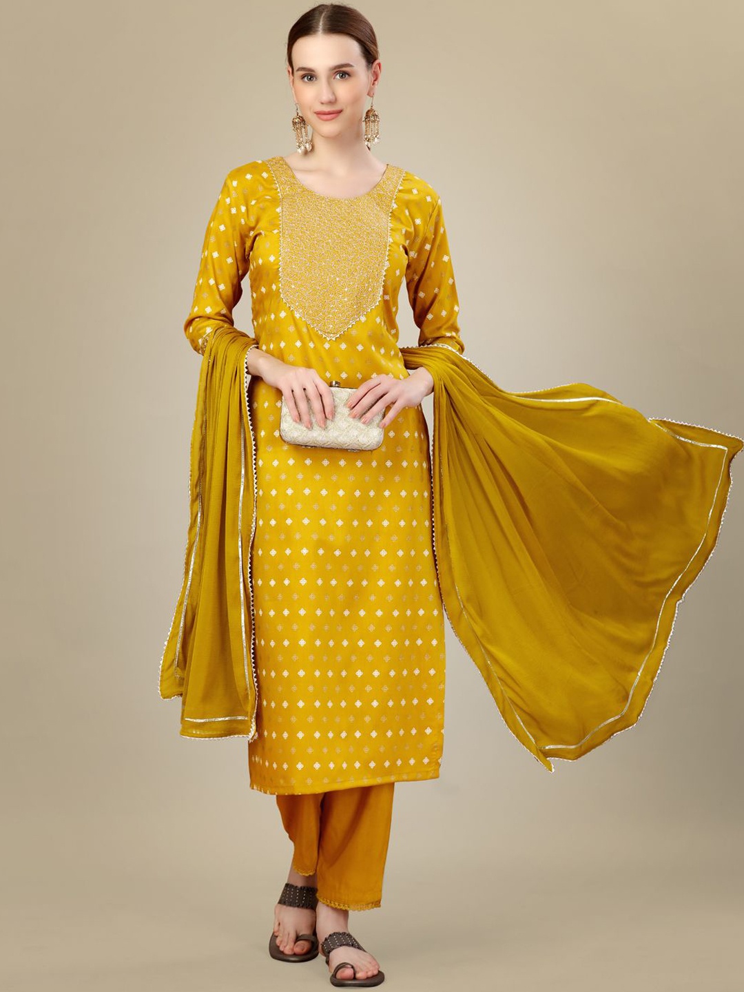

BERISTON Women Ethnic Motifs Embroidered Kurta with Trousers & With Dupatta, Gold