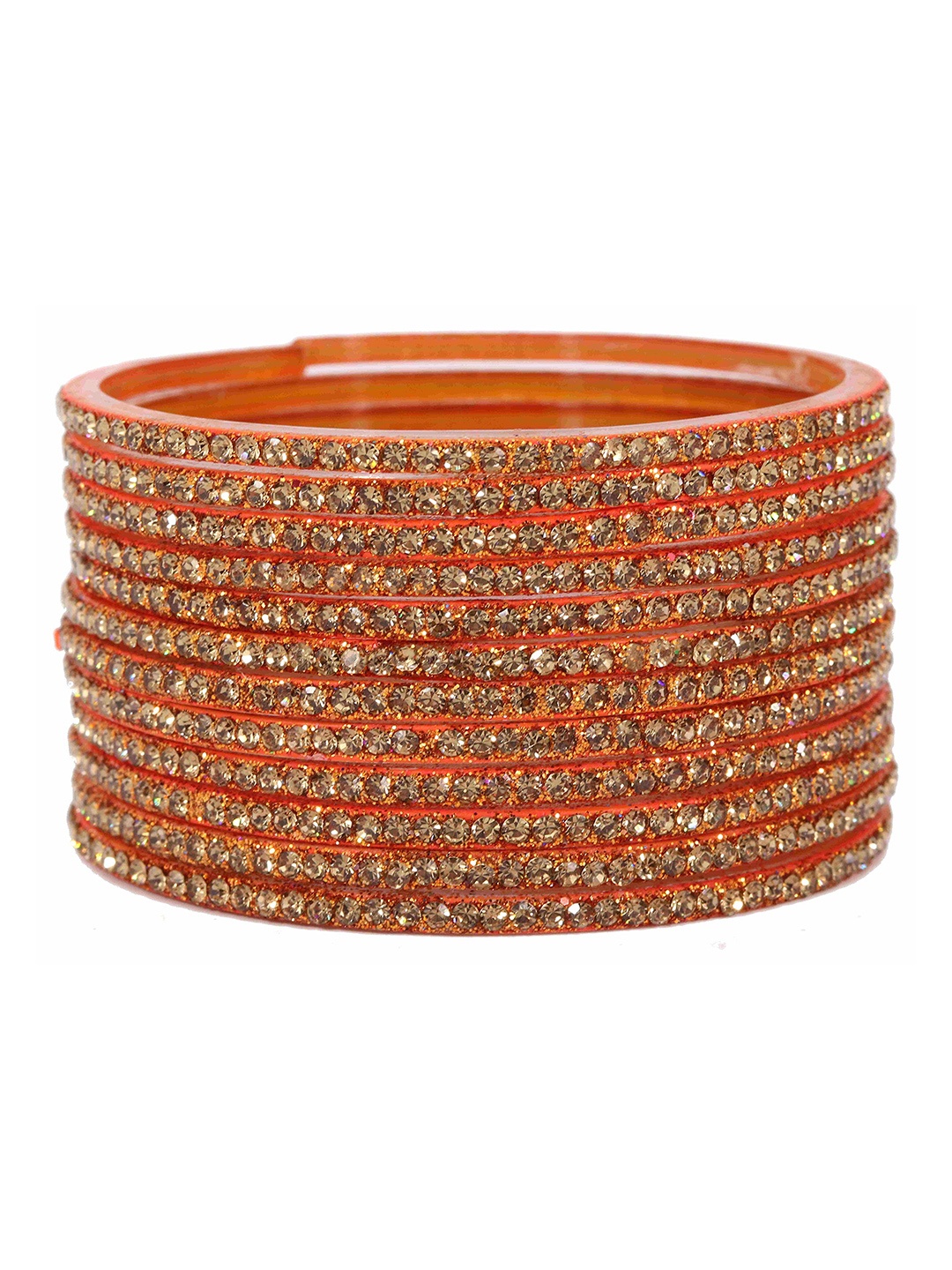 

ZULKA Set of 12 Glass With Zircon Gemstone Studded Glossy Finished Bangle, Orange