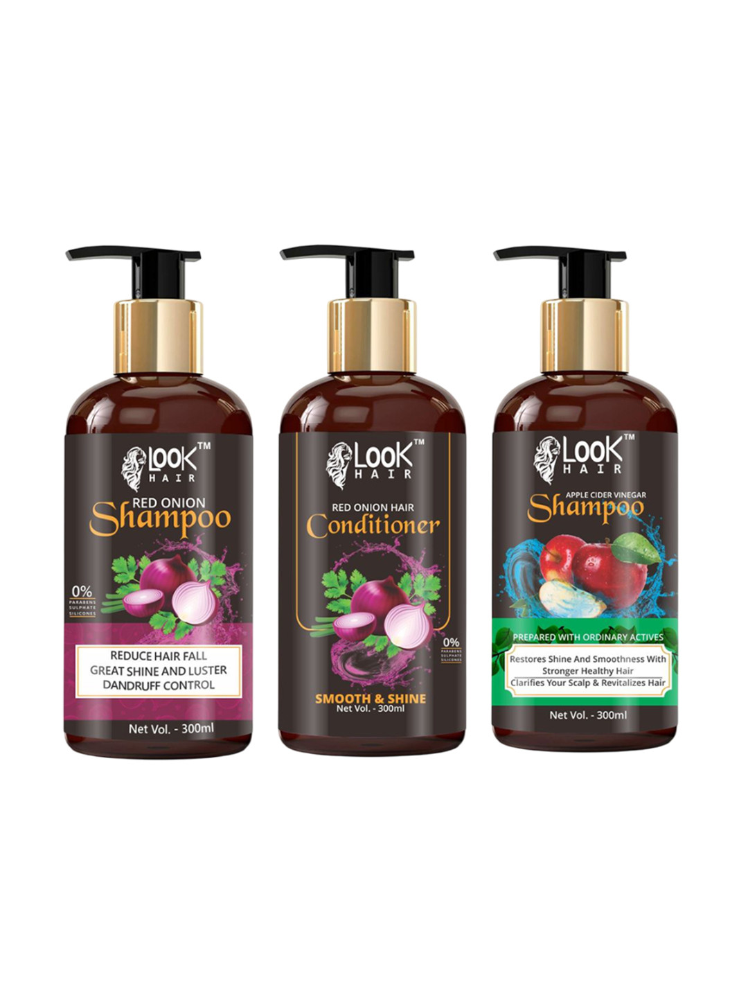 

LOOK HAIR Set Of 3 Red Onion Shampoo, Conditioner & Apple Cider Shampoo - 300 ml Each