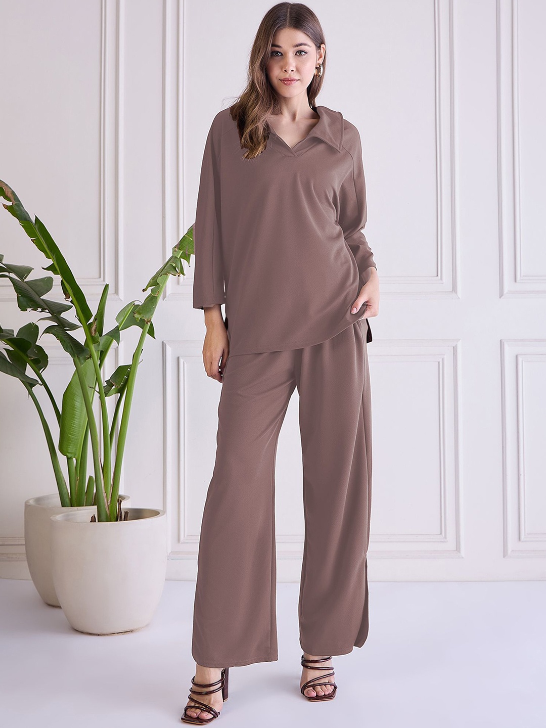 

WESTHOOD Shirt CollarLong Sleeves Casual Tunic With Trouser Co-Ords, Mauve