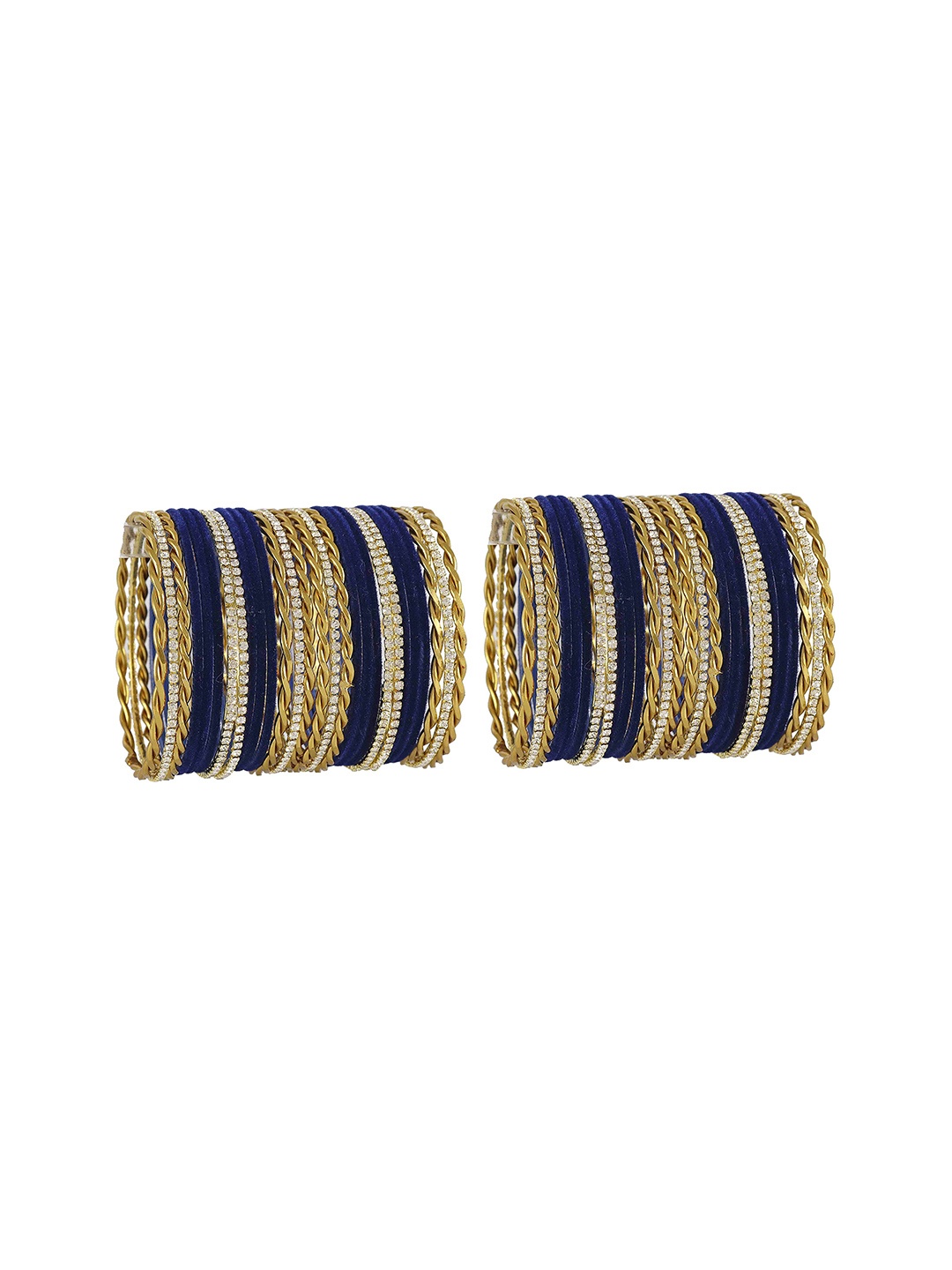 

ZULKA Set of 28 Navy Blue & White Stones Studded Velvet & Metal Bangles