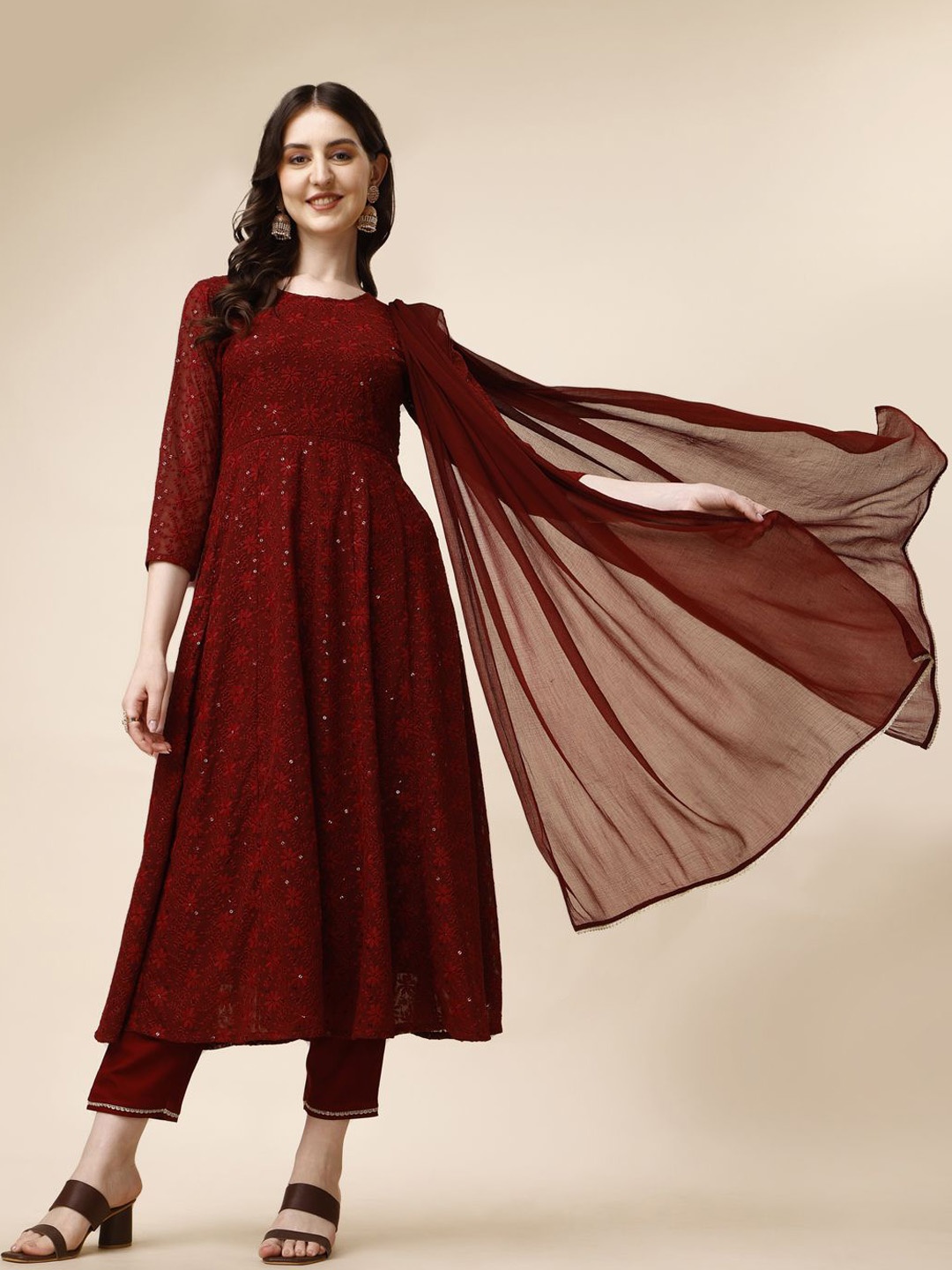 

KALINI Women Ethnic Motifs Embroidered Panelled Sequinned Kurta with Trousers & With Dupatta, Maroon