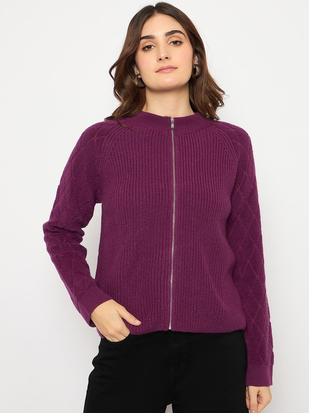 

Madame Women Ribbed Cardigan, Purple