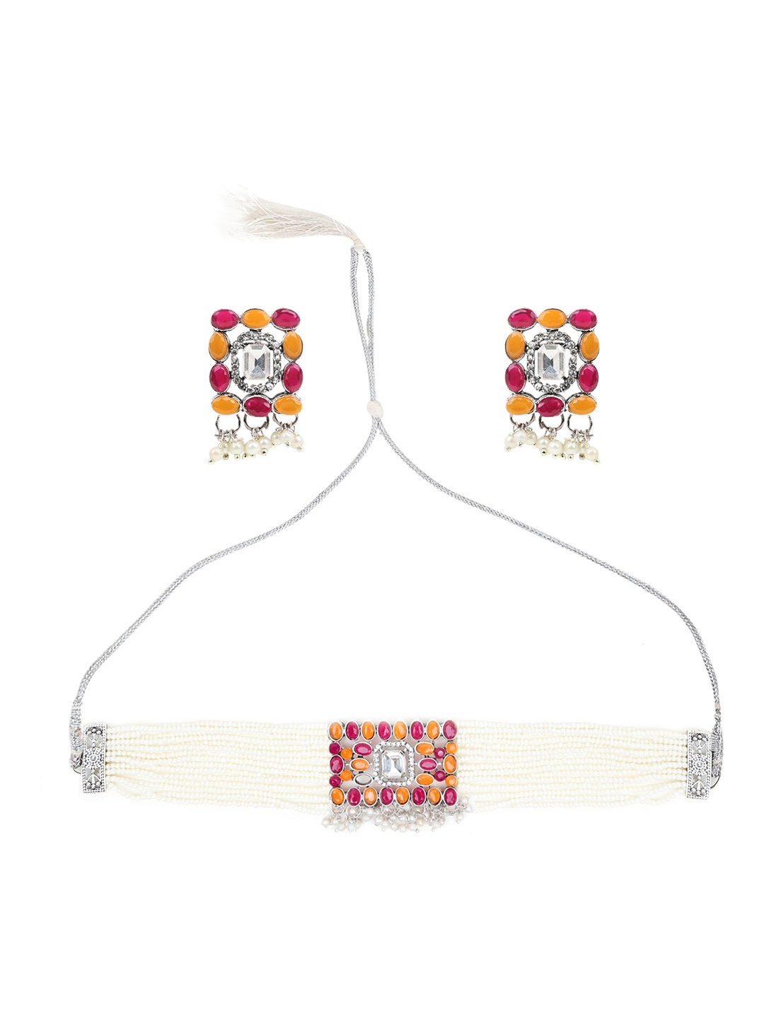

SUNHARI Stone-Studded Jewellery Set, Silver
