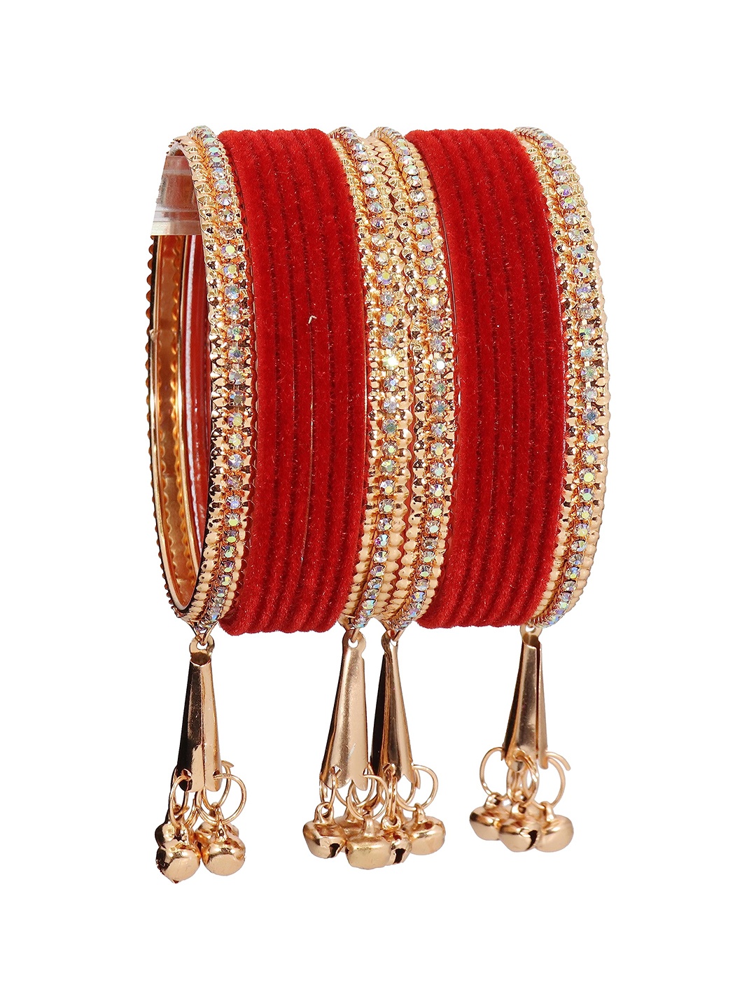 

ZULKA Set of 16 Metal with Zircon Gemstone and Velvet Studded Latkan Bangles, Maroon