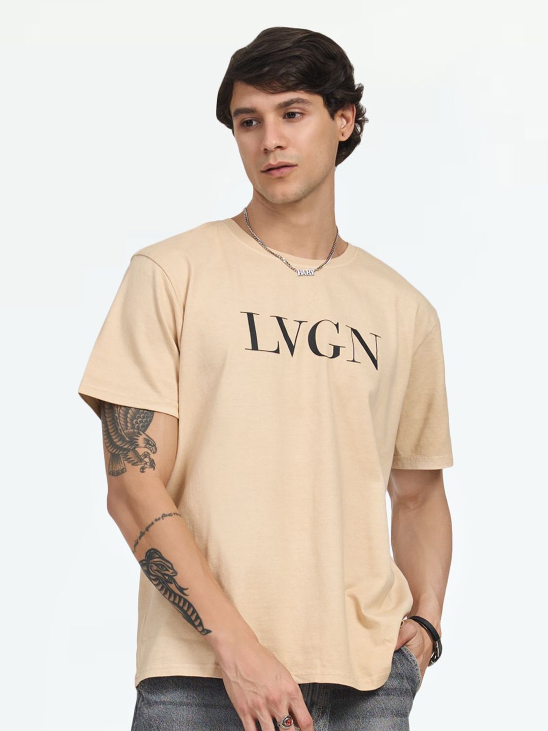 

LOVEGEN Men Typography Printed Round Neck Cotton Oversized T-shirt, Beige