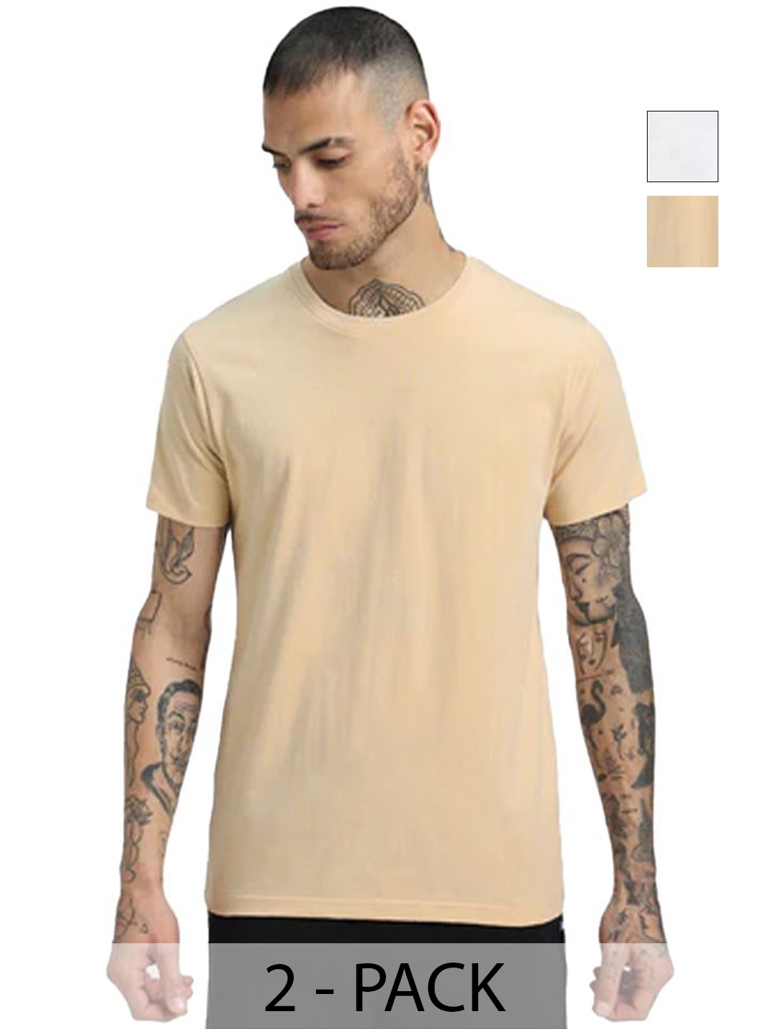 

VIXENLY Men Pack Of 2 Solid Round Neck Cotton T-shirts, White
