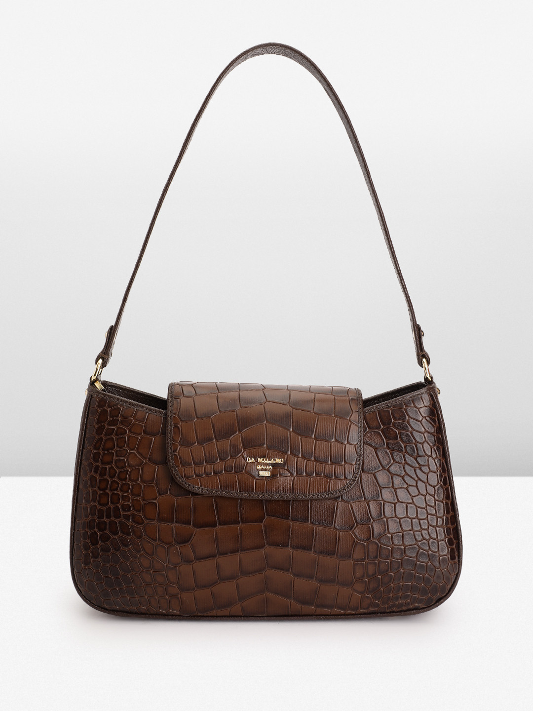 

Da Milano Women Croc Textured Leather Structured Shoulder Bag, Brown
