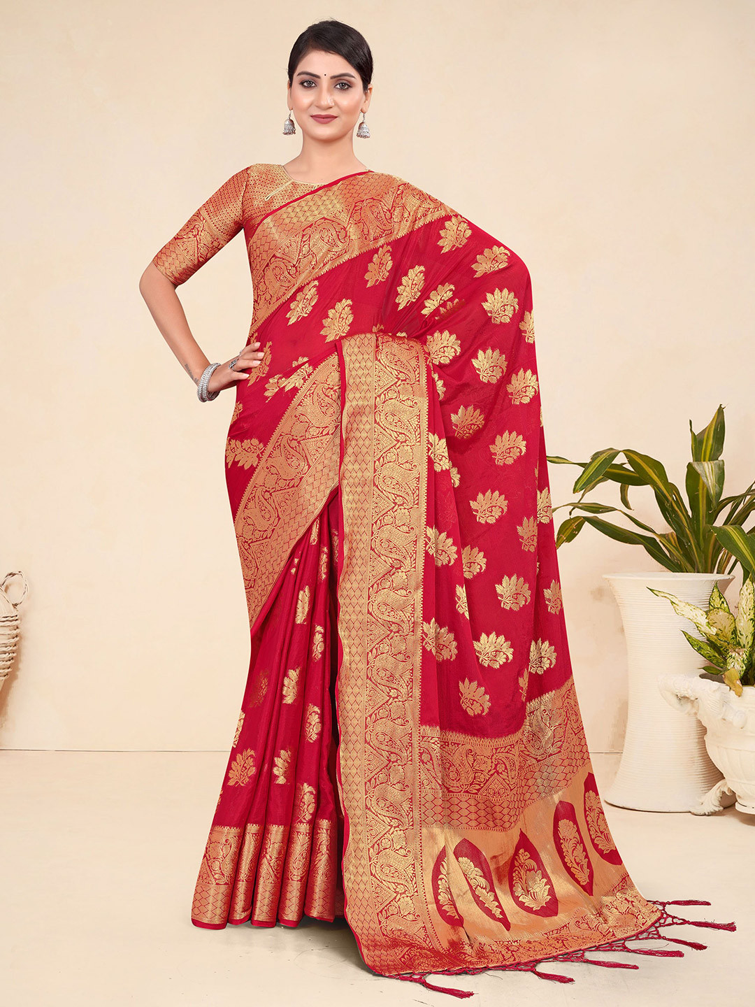 

KSM PRINTS Woven Design Zari Saree, Red