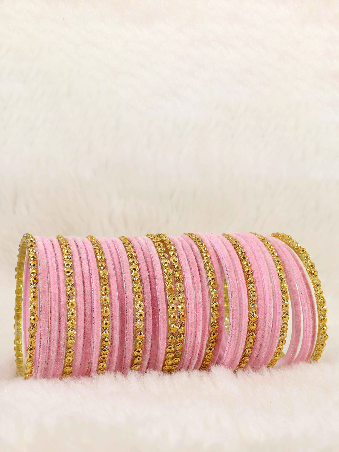 

ZULKA Set of 34 Glass & Golden Beads Velvet Bangle, Pink