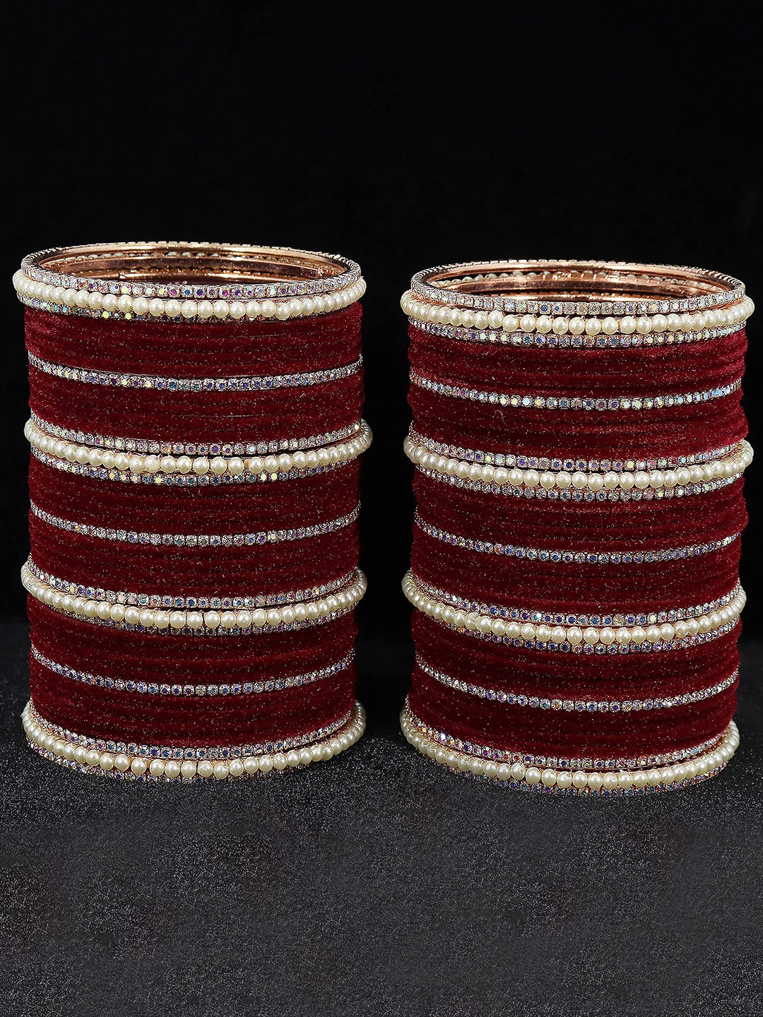 

ZULKA Set of 78 Metal with Cubic Zirconia and Pearls Velvet Bangles, Red