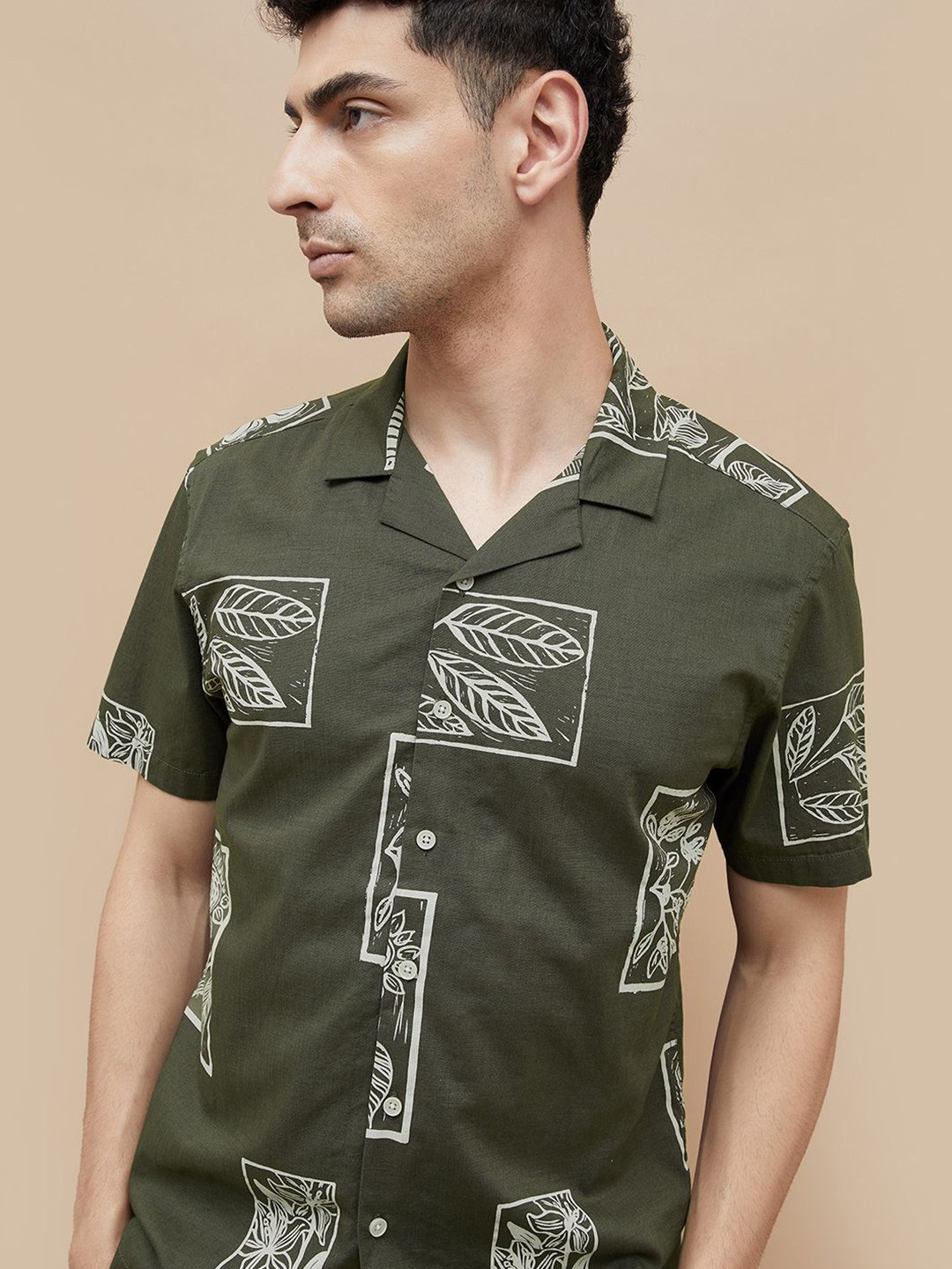 

CODE by Lifestyle Men Cuban Collar Floral Printed Cotton Casual Shirt, Olive