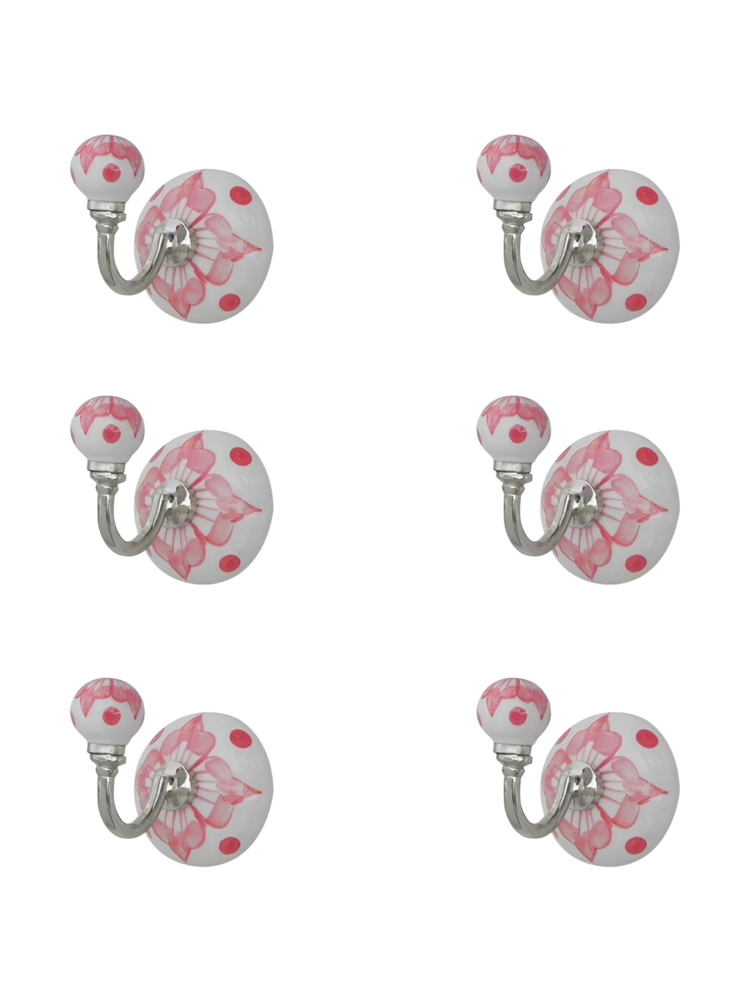 

IndianShelf Red & White 6 Pieces Lisianthus Printed Ceramic Wall Hooks