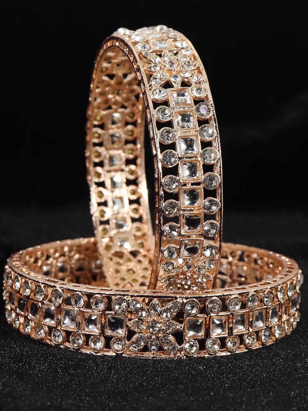 

ZULKA Set of 2 Gold Plated American Diamond Stone Metal Kada Bangles, Rose gold