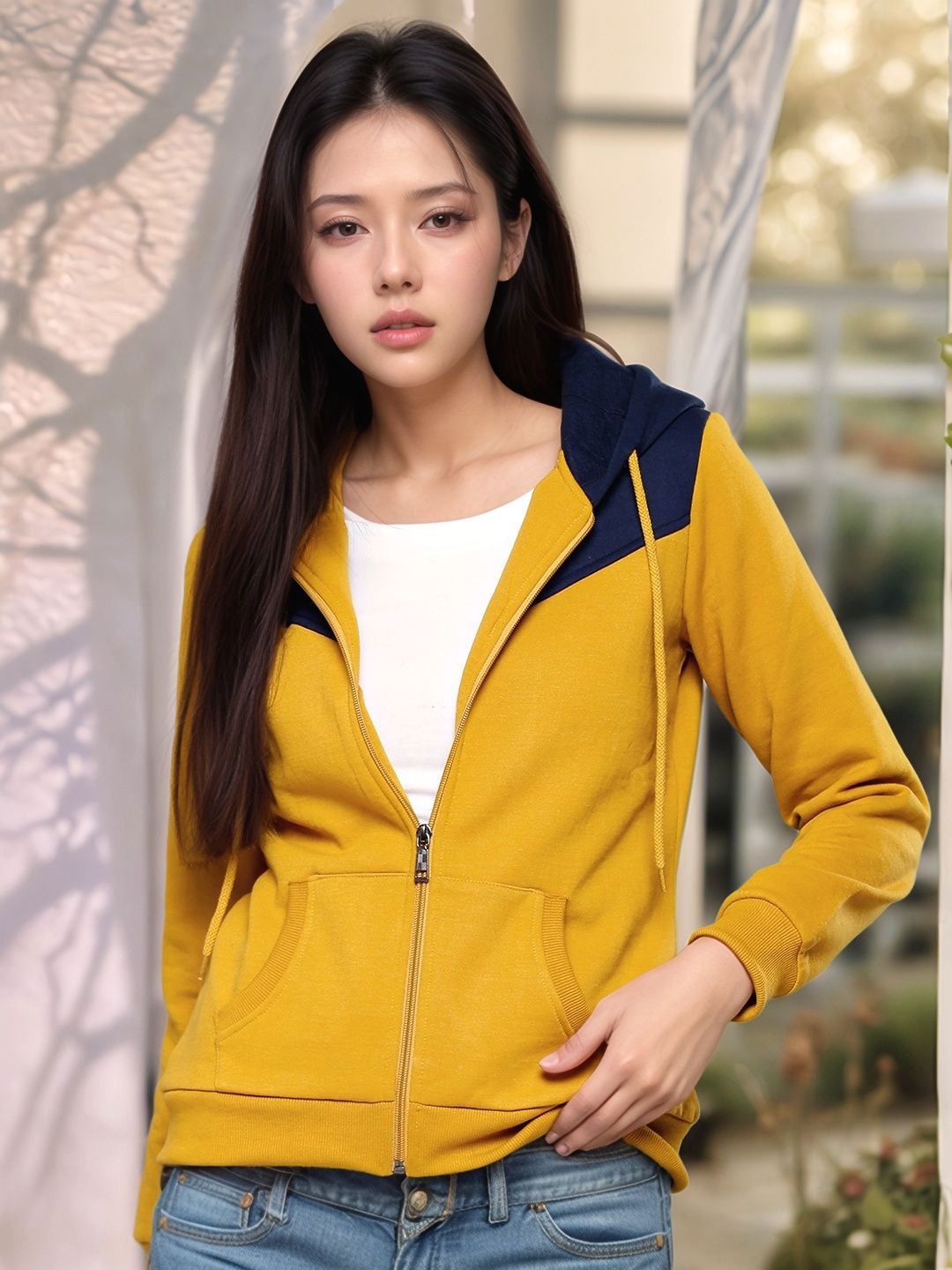 

ZYNG Women Colourblocked Hooded Sweatshirt, Yellow