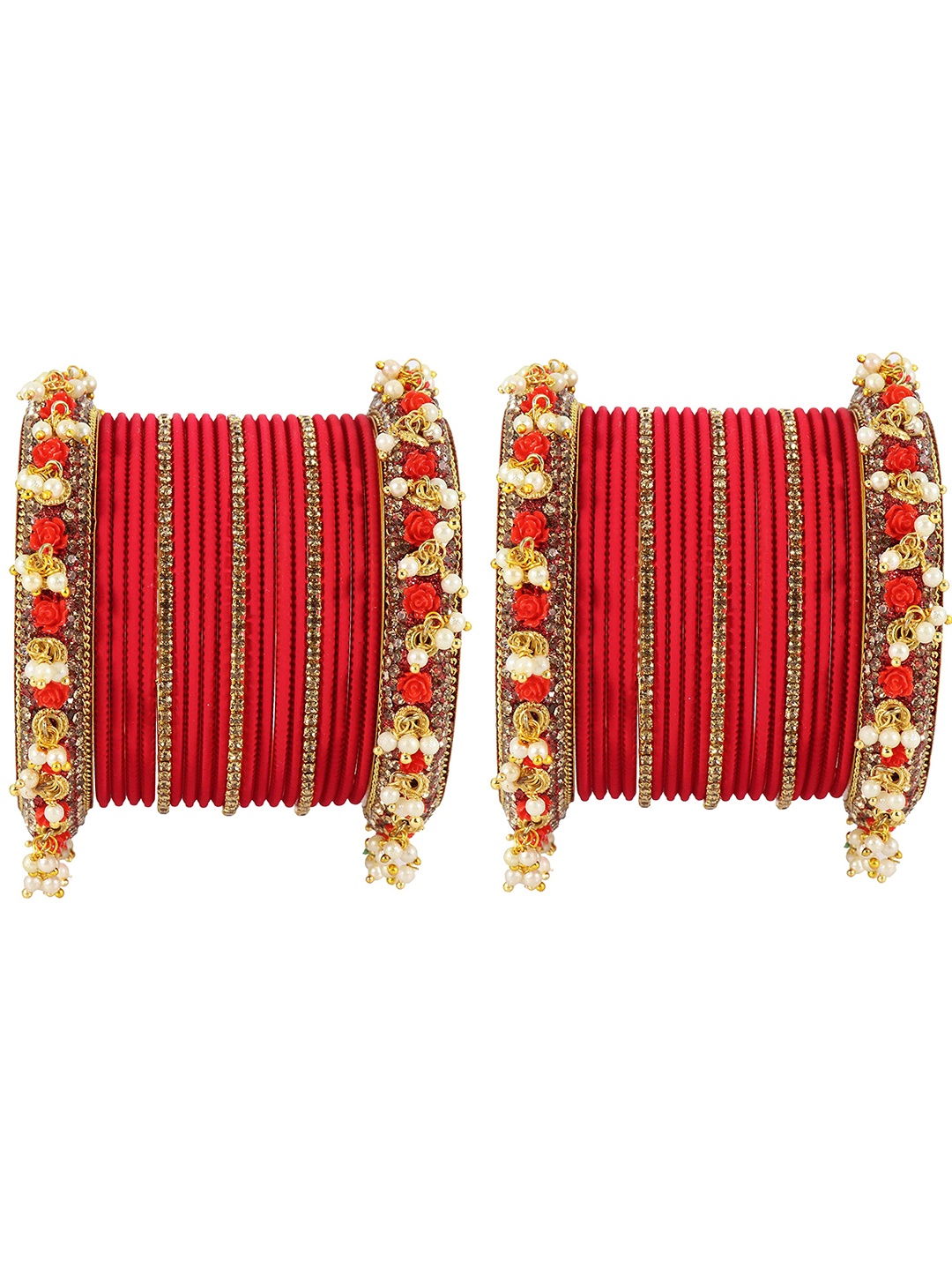 

ZULKA Set of 32 Non-Precious Metal Studded with Zircon Gemstone Velvet Latkan Bangles, Red