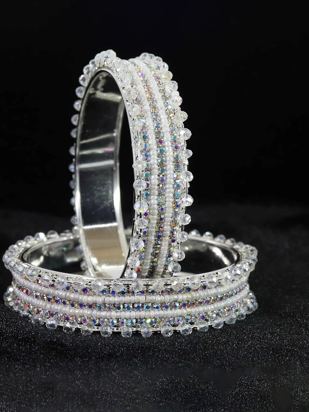 

ZULKA Set of 2 White & Silver-Toned Stone-Studded & Beaded Metal Bangles
