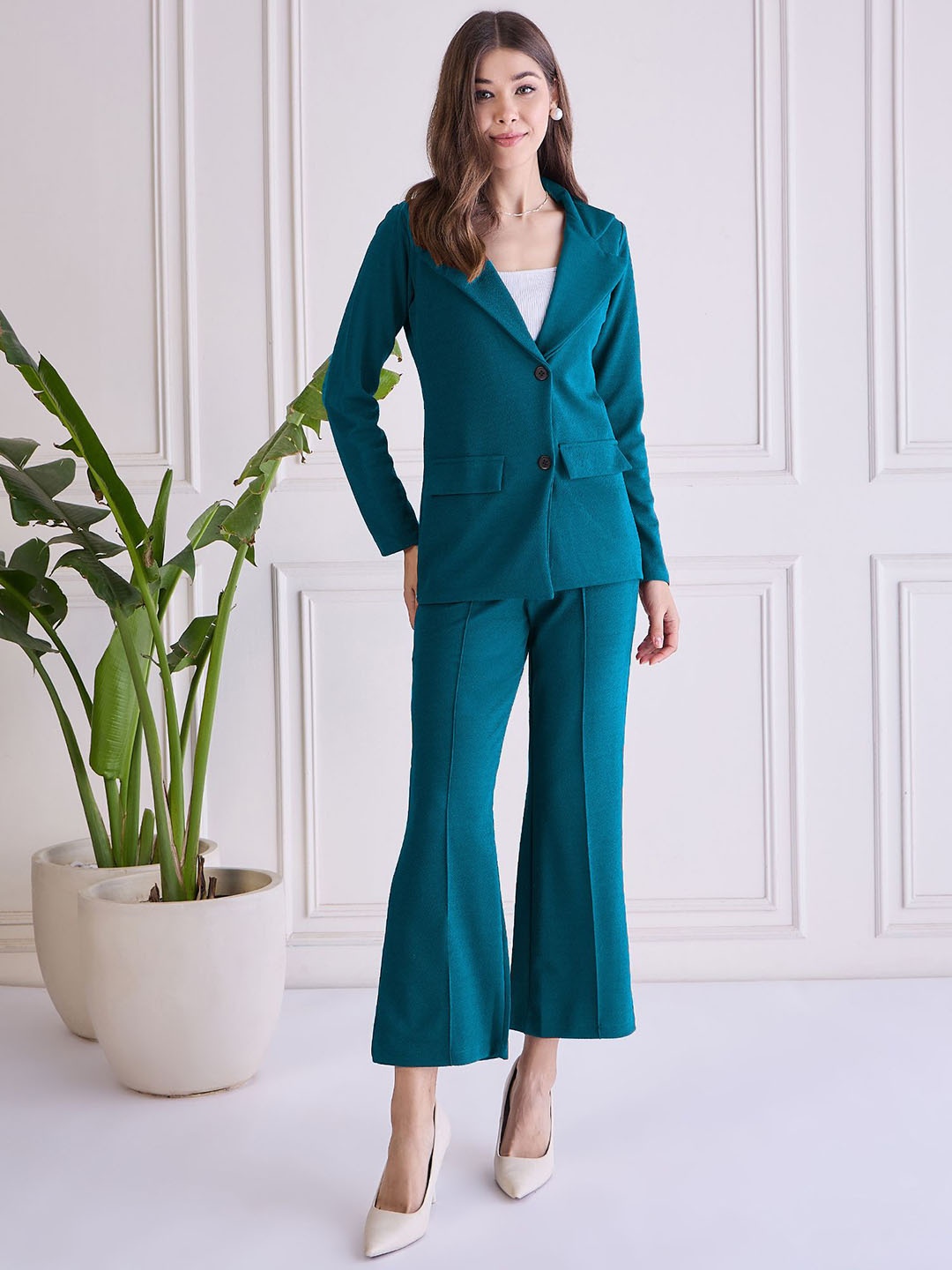 

WESTHOOD Lapel Collar Casual Blazer & Trouser Co-Ord Set, Teal