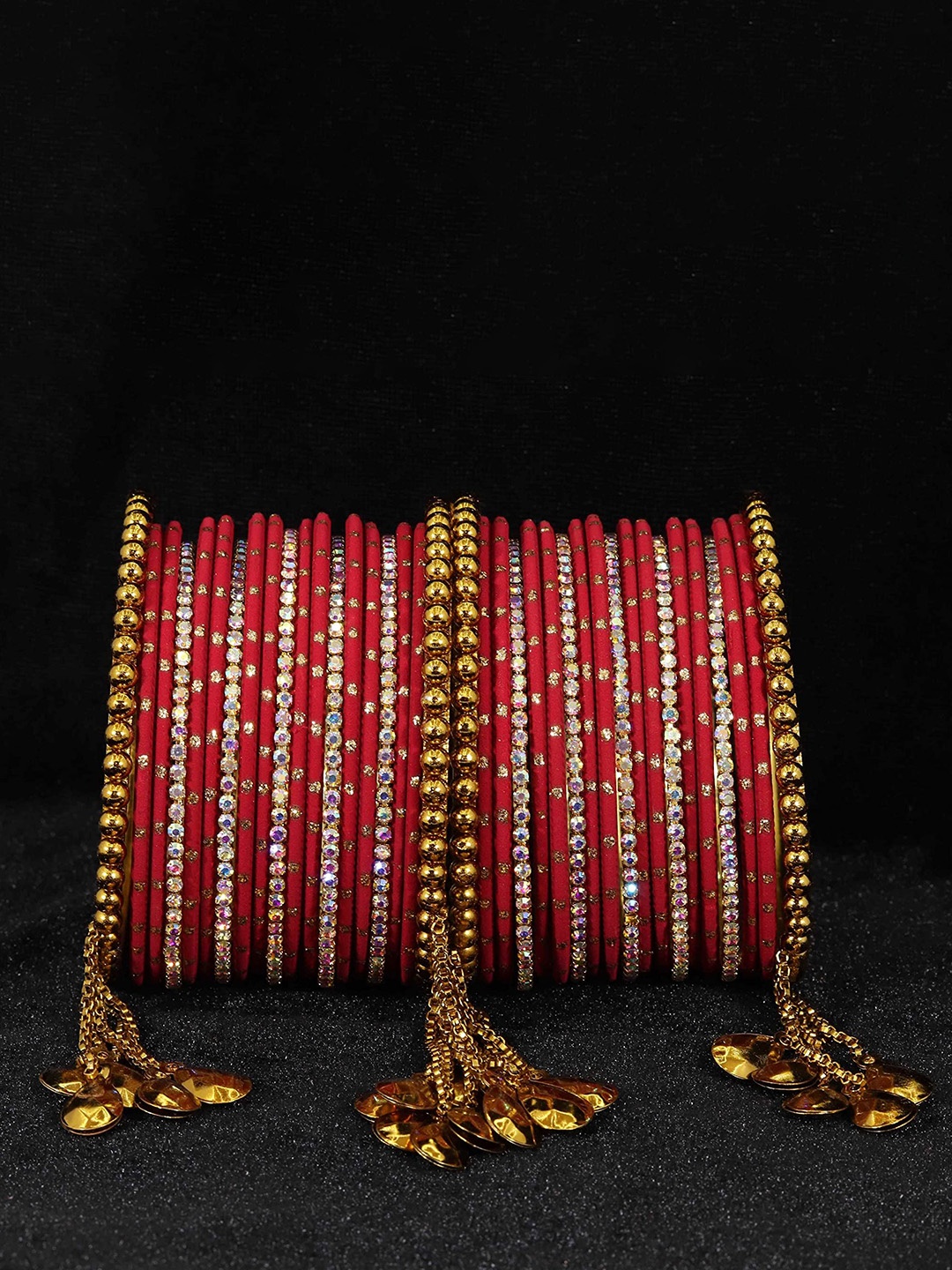 

ZULKA Set of 38 Rainbow Zircon Gemstone Zari Dotted Metal Latkan Bangles, Red