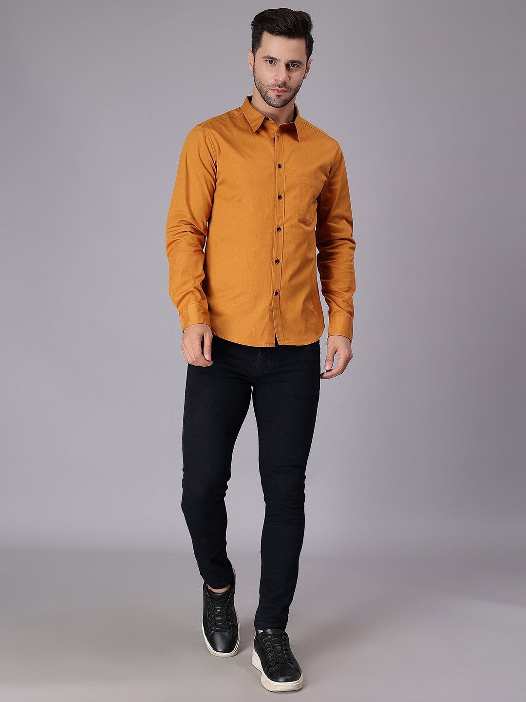 

HERE&NOW Men Comfort Spread Collar Solid Cotton Casual Shirt, Mustard