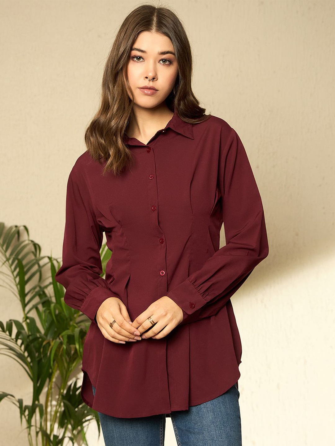 

Berrylush Women Shirt Style Longline Top, Maroon