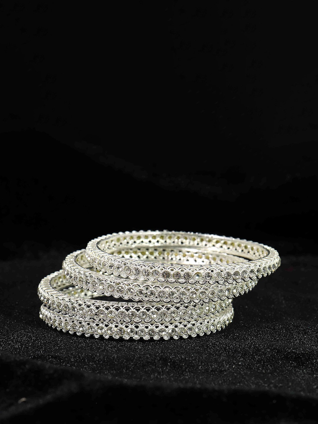 

Set of 4 Gold Plated Metal American Diamond Stone Studded Bangles, Silver