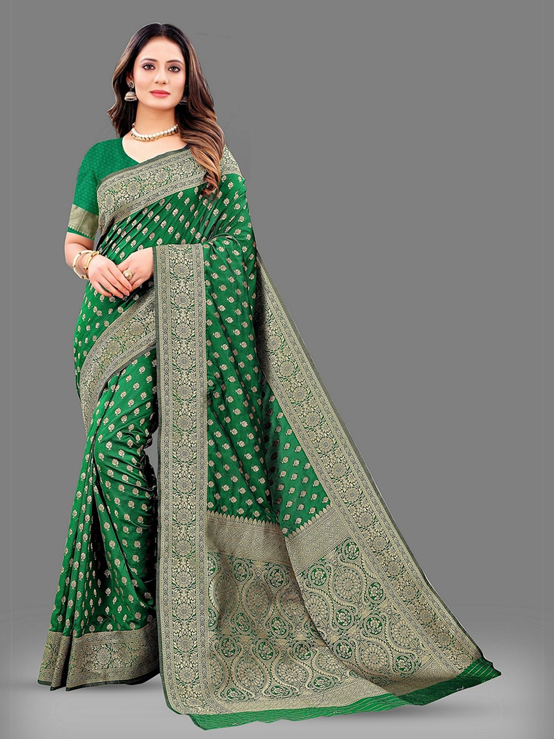 

VARNI FABRICS Woven Design Zari Pure Silk Saree, Green