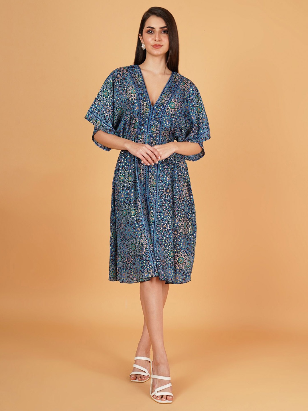 

IX IMPRESSION Women Floral V-Neck Printed Kimono Sleeve Kaftan Midi Dress, Blue