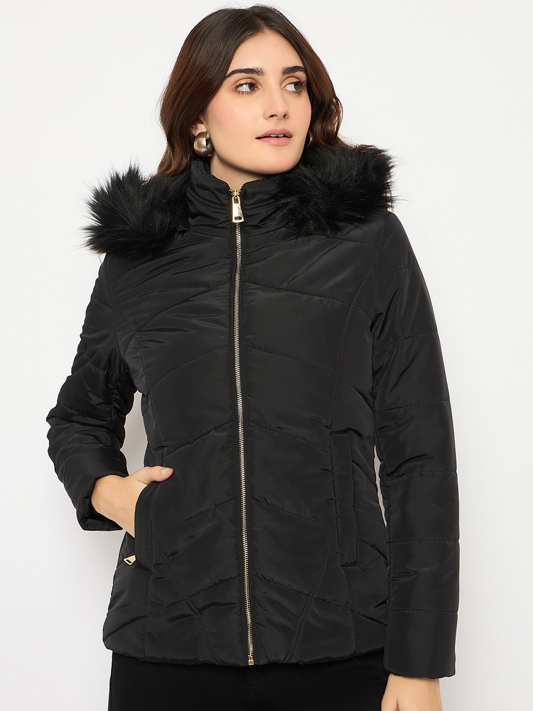 

Madame Women Checked Polyester Longline Parka Jacket, Black