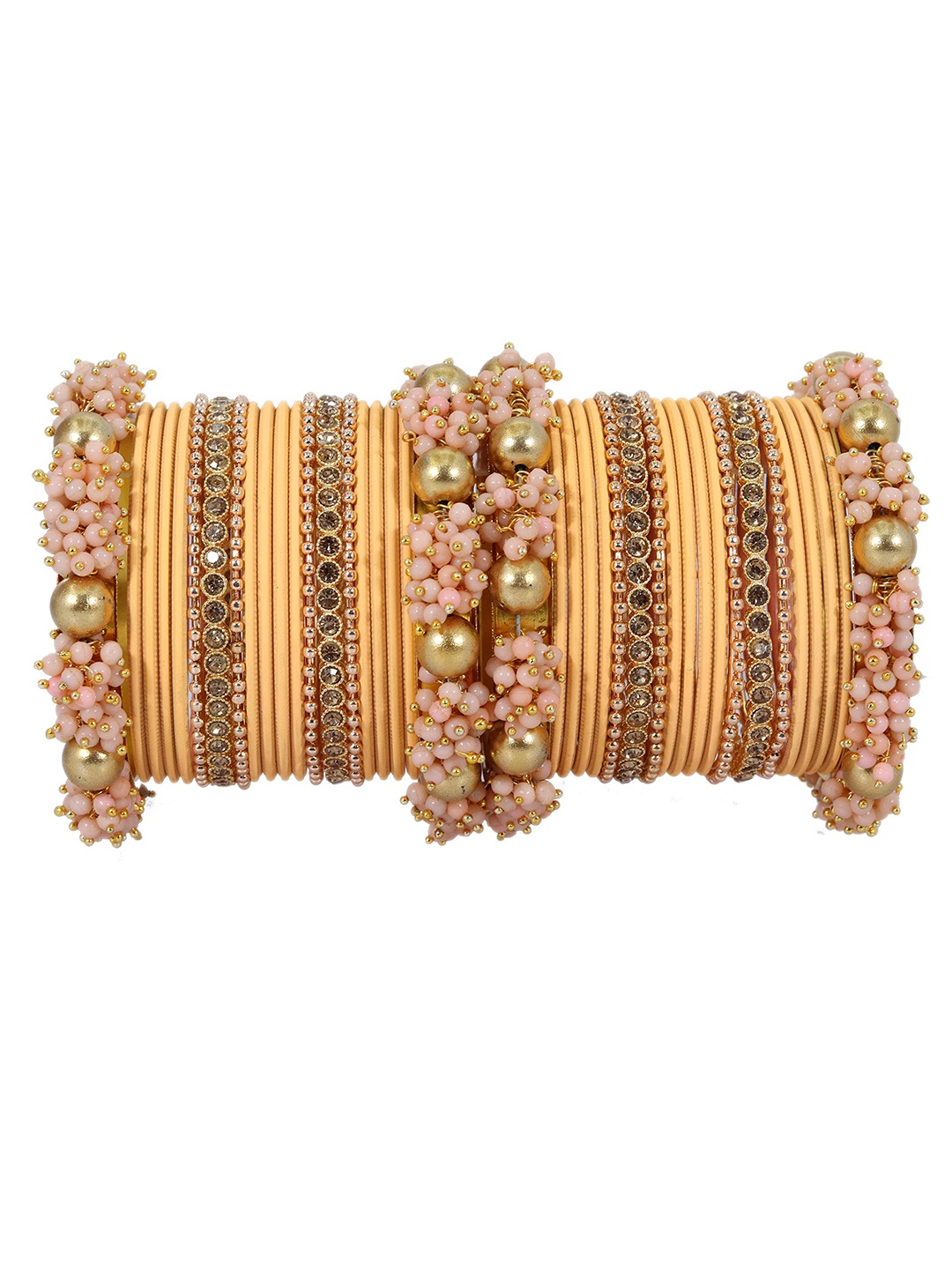 

ZULKA Set of 42 Metal with Base Metal Zircon Gemstone with Pearls Studded Matte Bangles, Orange