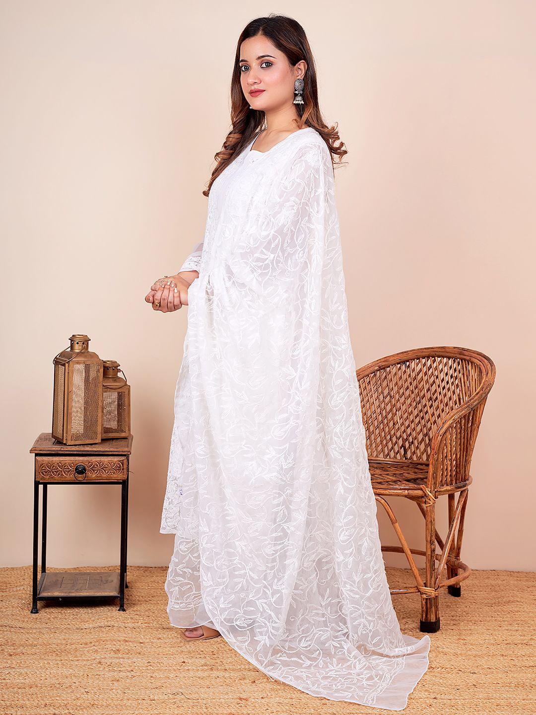 

The Chikan Label Ethnic Motifs Embroidered Dupatta with Chikankari, White