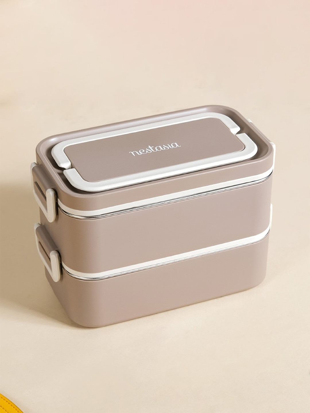 

Nestasia Beige & White BPA Free Leakproof Double Decker Lunch Box