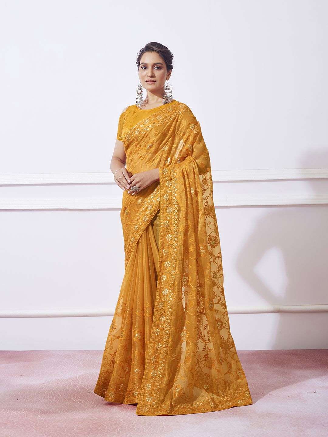 

KSM PRINTS Floral Embroidered Saree, Mustard