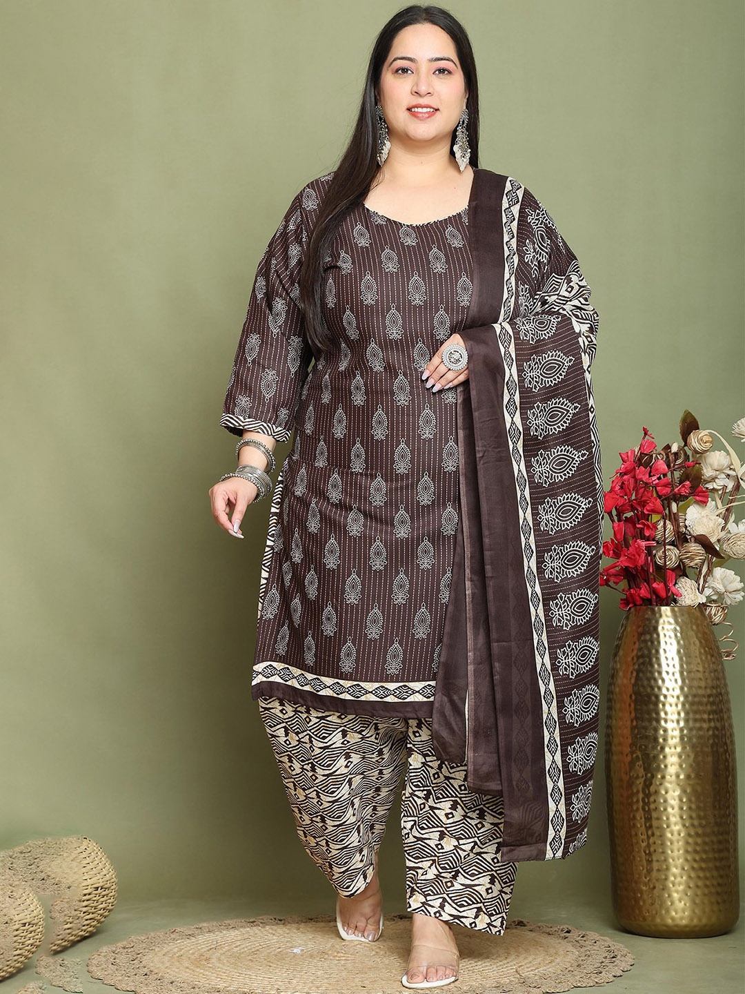 

Rajnandini Plus Size Round Neck Ethnic Motifs Printed Kurta with Salwar & Dupatta, Brown