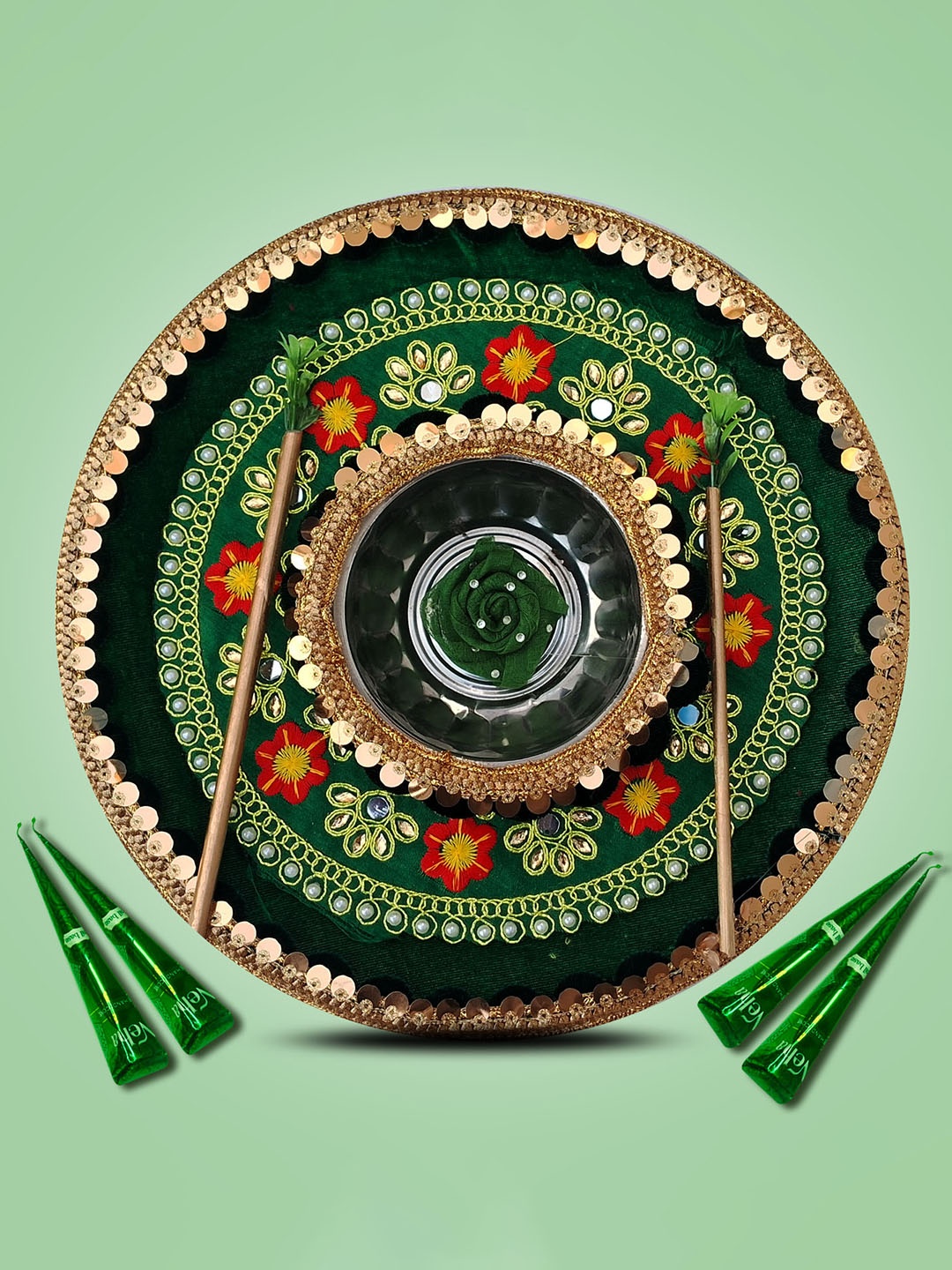 

ME & YOU Green & Red Embroidered Metal Haldi Thali Set