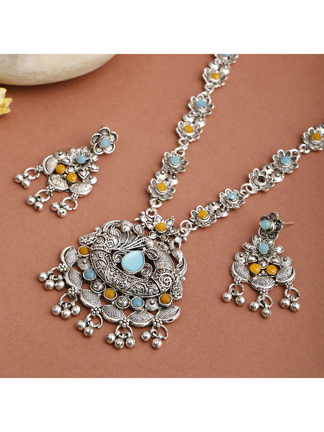 

SUNHARI Stone-Studded Necklace & Earrings, Silver