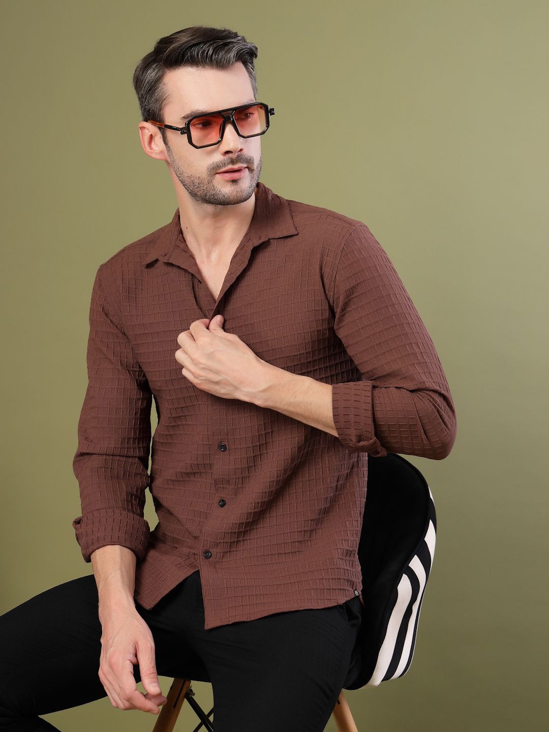

Rigo Men Premium Fit Spread Collar Solid Cotton Casual Shirt, Brown