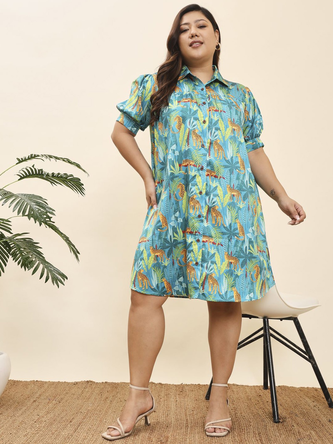 

MOOBA Plus Size Conversational Printed Shirt Collar Puff Sleeves Shirt Dress, Blue