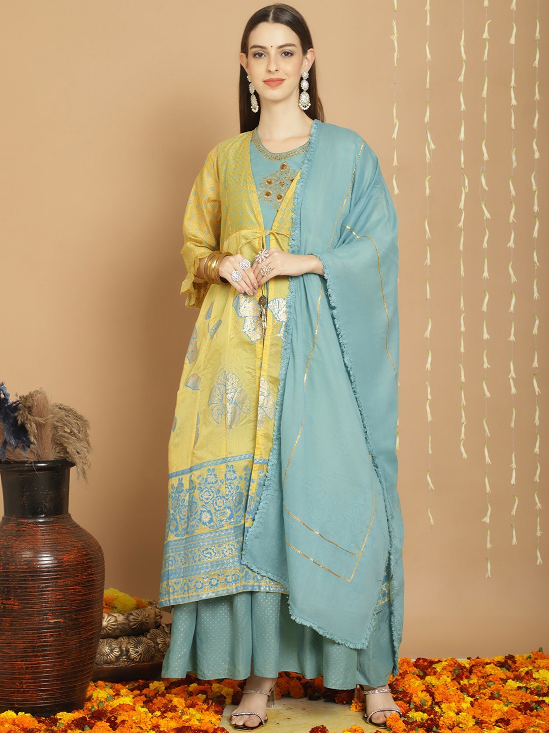 

KSM PRINTS Ethnic Motifs Embroidered Semi-Stitched Dress Material, Mustard