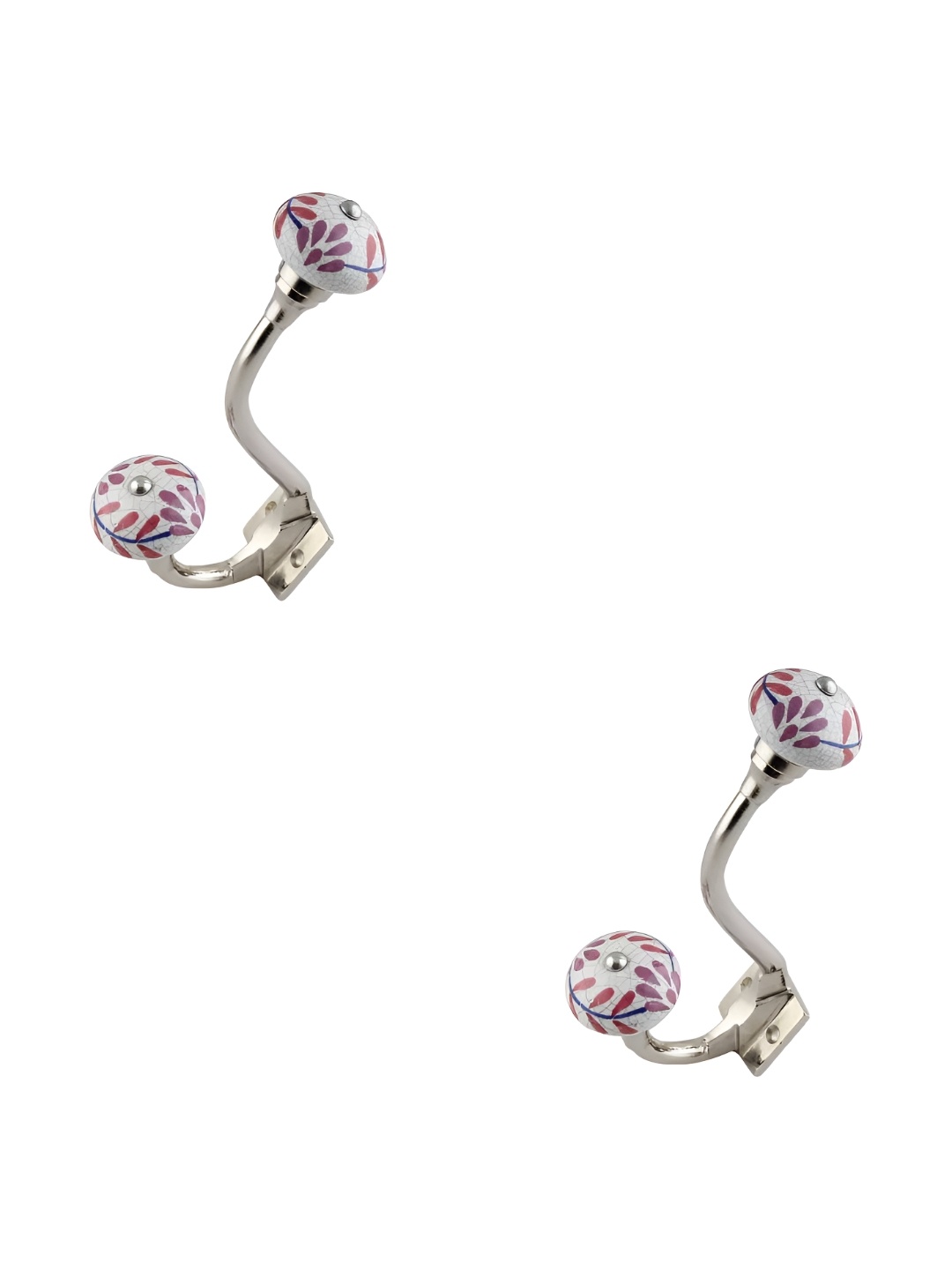 

IndianShelf White & Brown 2 Pieces Floral Printed Ceramic Wall Hooks
