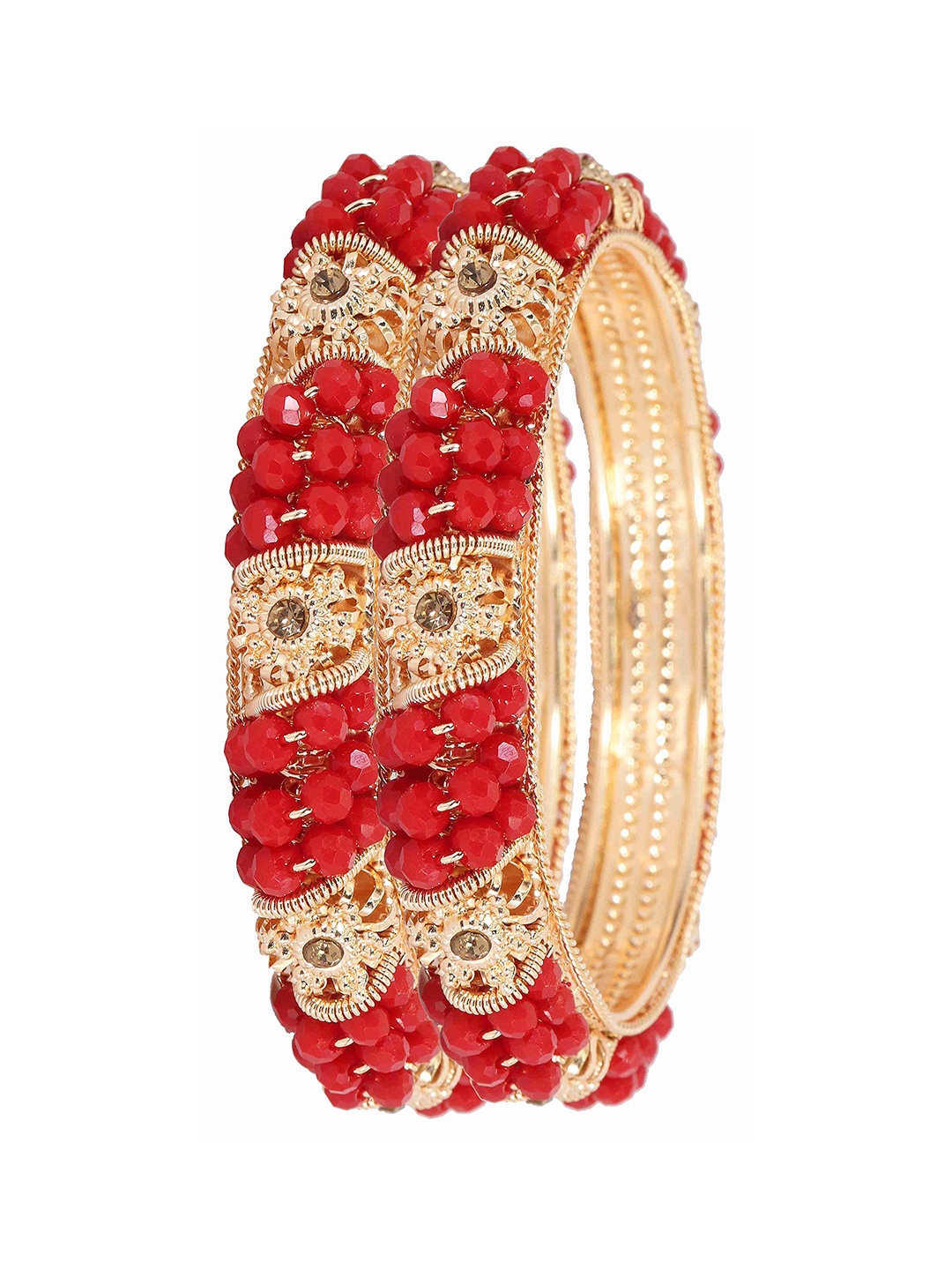 

ZULKA Set of 2 Metal with Zircon Gemstone & Colourful Beads Kada, Red