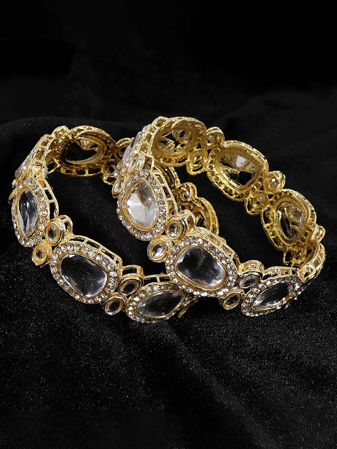 

ZULKA Set of 2 Zircon Stone & Kundan Mirror Work Bangles, Gold